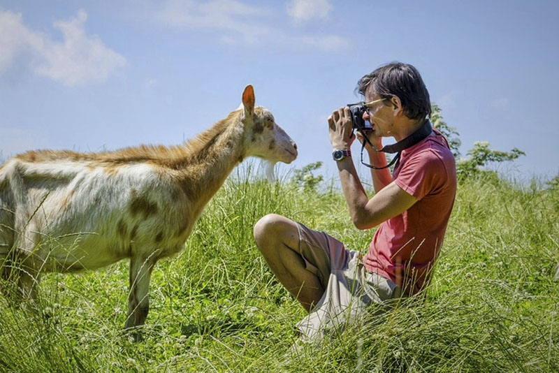 Ich - in der Wiese knieend - unmittelbar vor einer Ziege. Mit Kamera vor den Augen, bereit 
					zum Fotografieren.